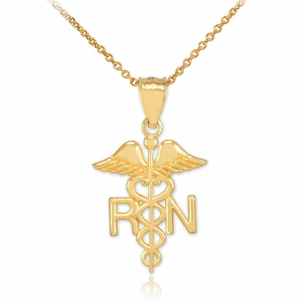 10K Real Gold Caduceus Medical RN Registered Nurse Herald Staff Pendant Necklace
