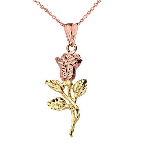 10k Two Tone Gold Sparkle Cut Rose Pendant Necklace - Yellow Rose