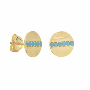14K Solid Yellow Gold Round Disk /Dics Nano Turquoise Stud Earrings -