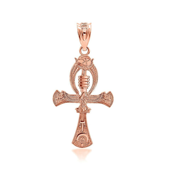 14K Solid Gold Egyptian Ankh 3D Pendant Necklace - Yellow, Rose, or White Gold