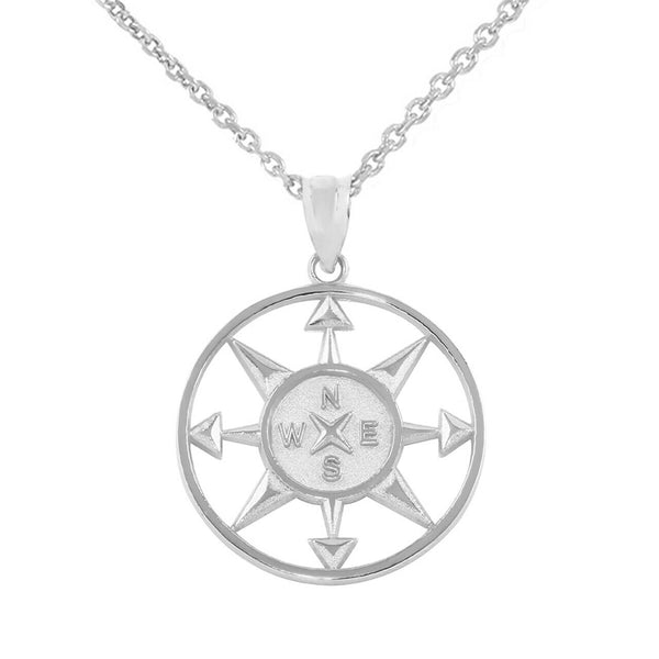 925 Sterling Silver North South East West Compass Travel Open Pendant Necklace