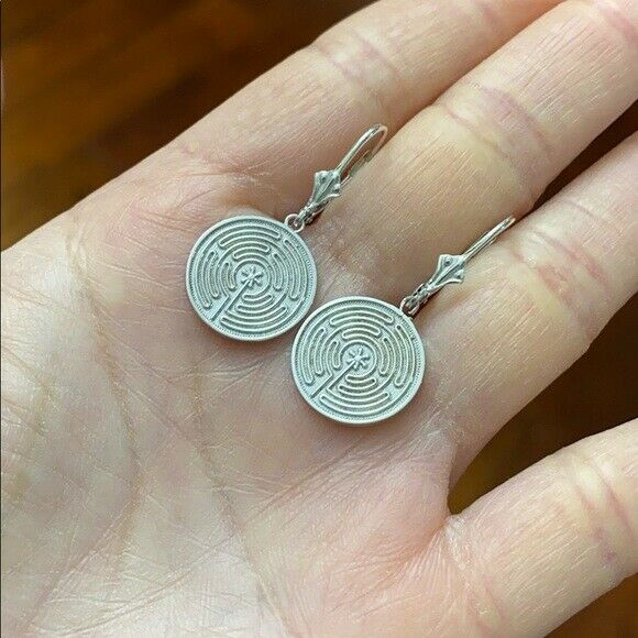 .925 Sterling Silver Maze Chartres Labyrinth Dainty Disc Leverback Earrings