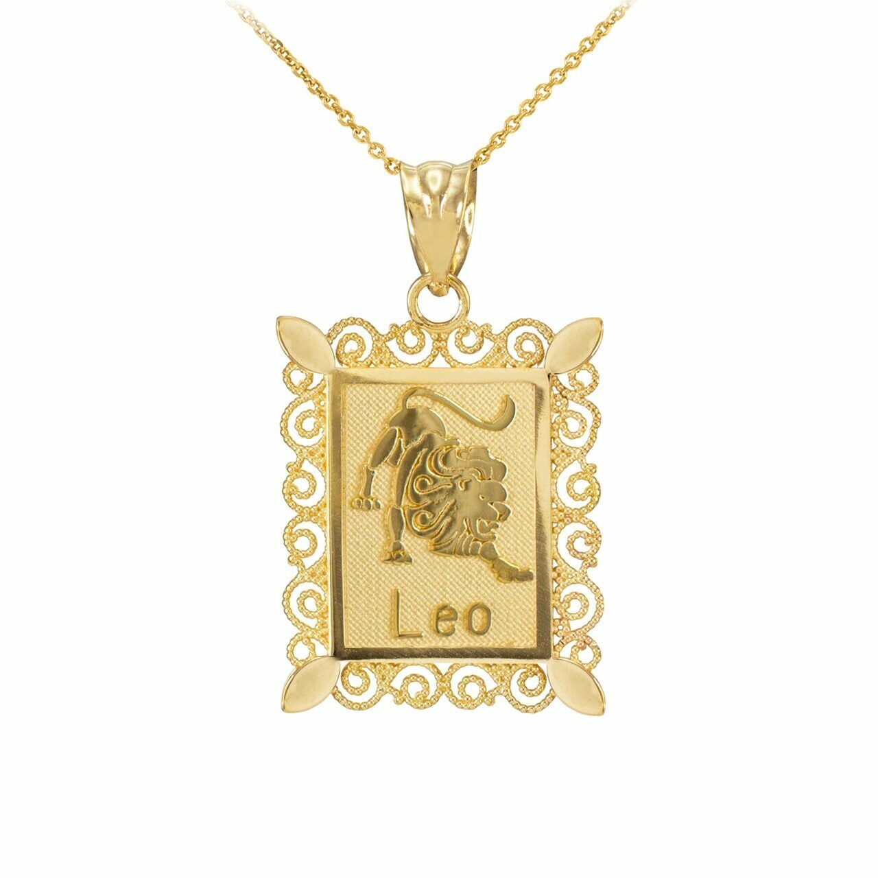 10k Solid Gold Leo Zodiac Sign Filigree Rectangular Pendant Necklace