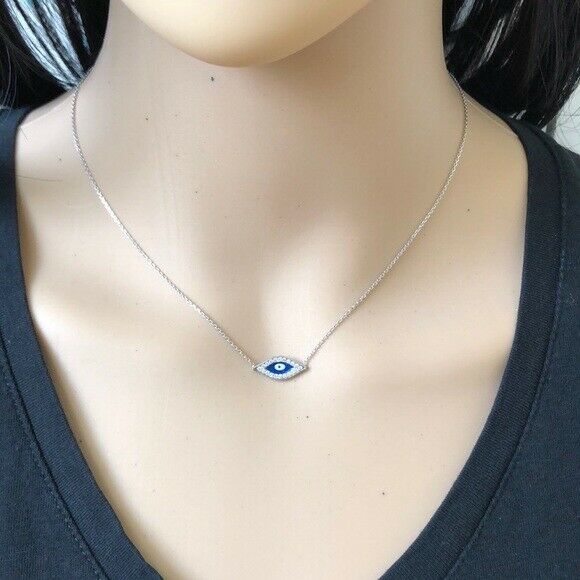 925 Sterling Silver Rose Gold Plated Evil Eye CZ Necklace - Adjustable 16"-18"