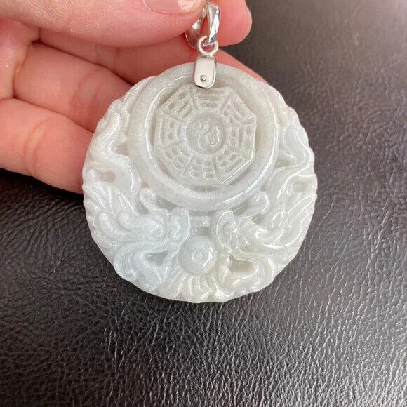 925 Sterling Silver Carving Jade Dragon Phoenix Yin Yang Pendant Necklace