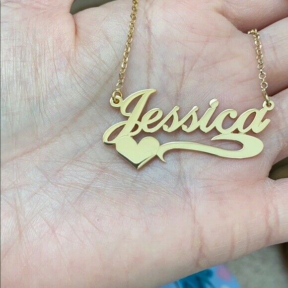 Personalized Gold over Sterling Silver Name Plate Heart Necklace - Jessica