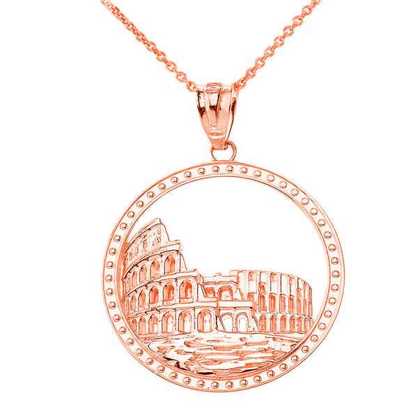 14K Solid Gold Historic Rome Colosseum Pendant Necklace - Yellow, Rose, or White
