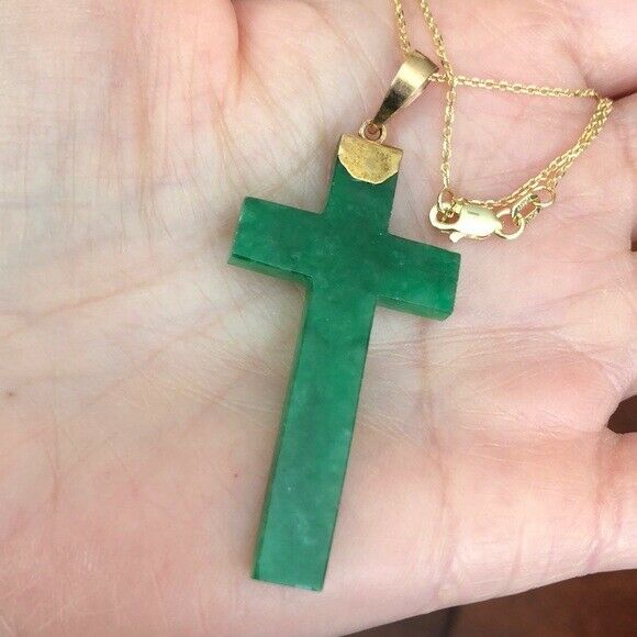 14K Solid Gold Green Jade Cross Pendant / Charm Dainty Adjustable Necklace