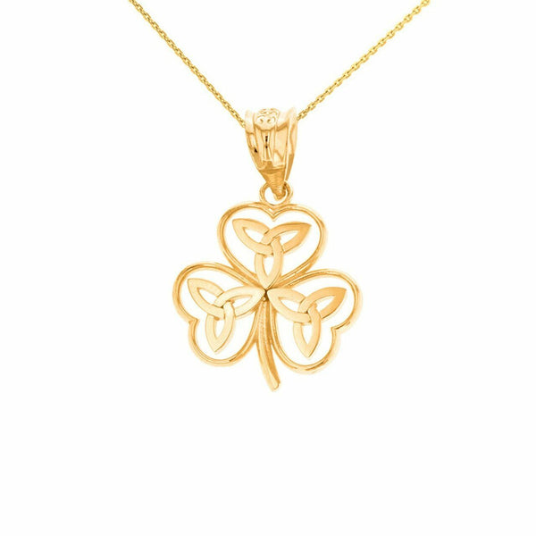 14k Solid Yellow Gold Celtic Trinity Knot Shamrock Pendant Necklace