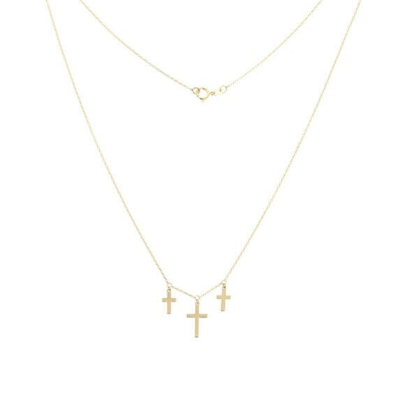 14K Solid Gold Dangle Triple Cross Necklace Adjustable Religious 16"-18"