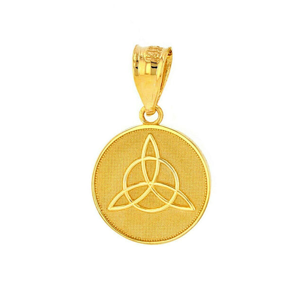10k Solid Yellow Gold Triquetra Irish Celtic Disc Circle Pendant Necklace