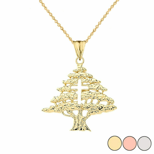 14k Solid Yellow Gold Lebanese Cedar Tree With Cut Out Cross Pendant Necklace