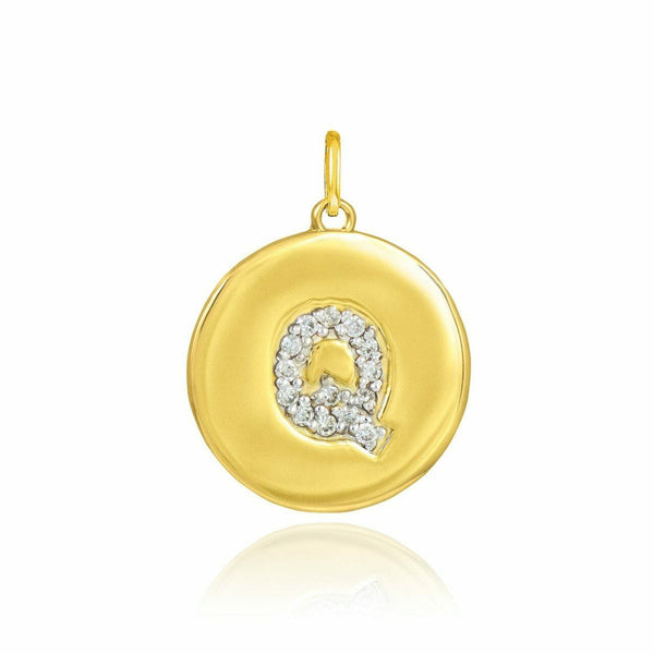 Solid 10k Yellow Gold Letter "Q" Initial Diamond Disc Charm Pendant Necklace