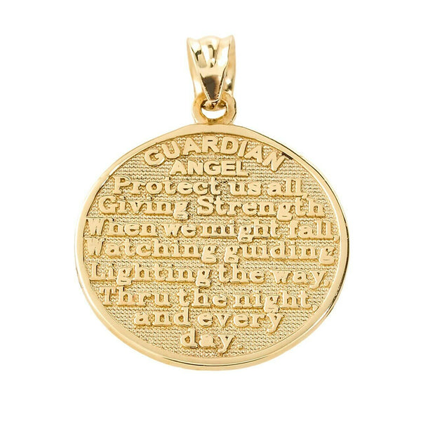 14k Solid Two Sided Yellow Gold Guardian Angel Charm Pendant Necklace