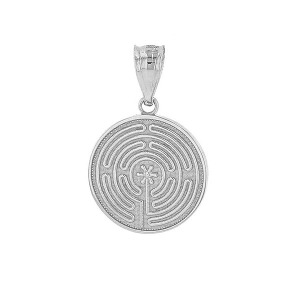 Solid 10k White Gold Maze Chartres Labyrinth Disc Medallion Pendant Necklace