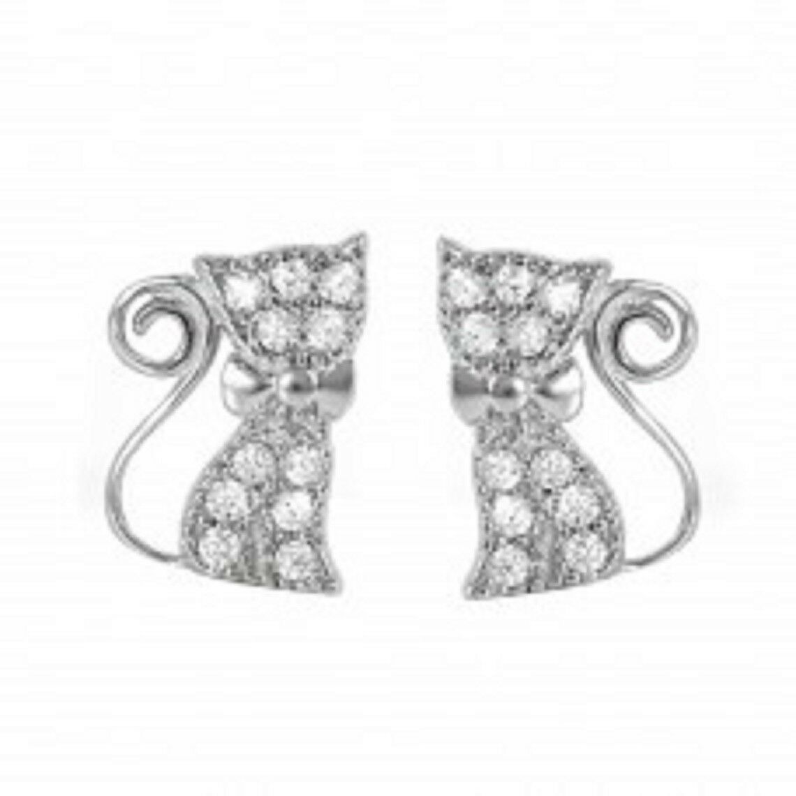 Sterling Silver 925 Rhodium Plated Bow Kitty Earrings