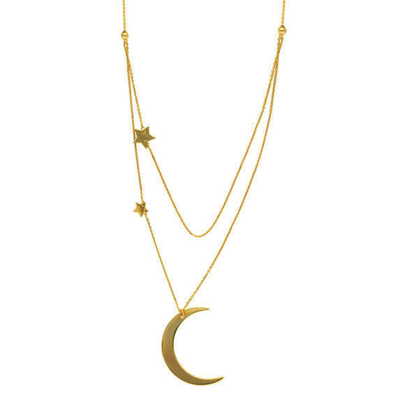 14K Solid Yellow Gold Crescent Halfmoon Stars Duo Layer Necklace Adjust 16"-18"