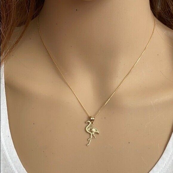 14k Solid Rose Gold Diamond Flamingo Pendant Necklace