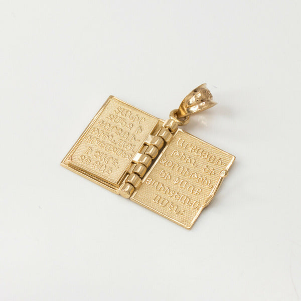 10k Solid Yellow Gold 3D Armenian Holy Bible Book Lords Prayer Pendant Necklace