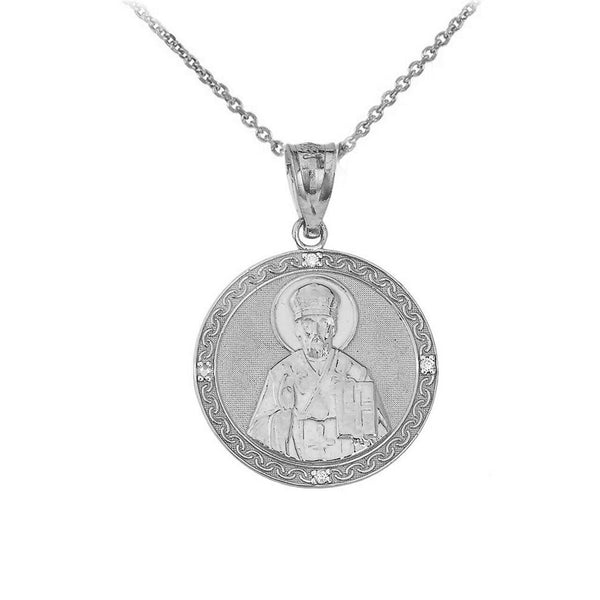 Sterling Silver CZ St. Saint Nicholas Pray for Us Medallion Pendant Necklace
