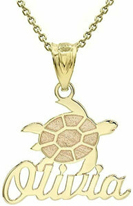 Personalized Engrave Name 10k 14k Gold Good Luck Sea Turtle Pendant Necklace