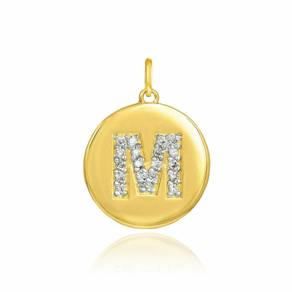 Solid 10k Yellow Gold Letter "M" Initial Diamond Disc Charm Pendant Necklace