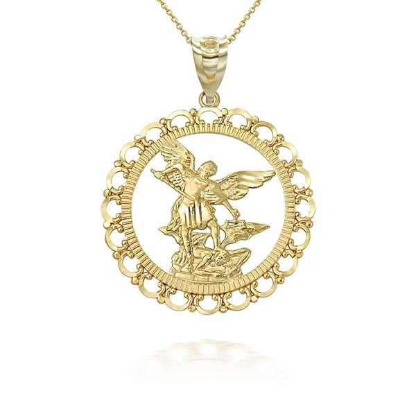 10k Yellow Gold Saint St Michael Archangel Openwork Pendant Necklace S, L