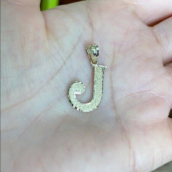 10k Solid Yellow Gold Initial Letter J Pendant Necklace - Diamond Cut