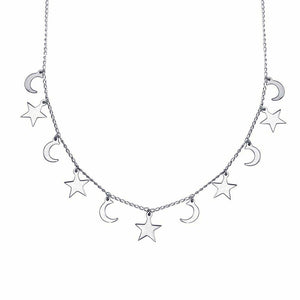 925 Sterling Silver Rhodium Plated Dangling Star and Moon Chain Necklace 16"-18"