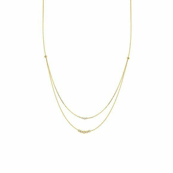 14K Solid Yellow Gold Diamond Layer Double Strand Necklace Adjustable 16"-18"