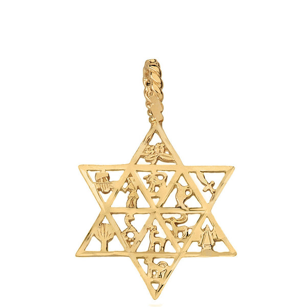 14k Yellow Gold Jewish Star of David Charm 12 Tribes of Israel Pendant Necklace