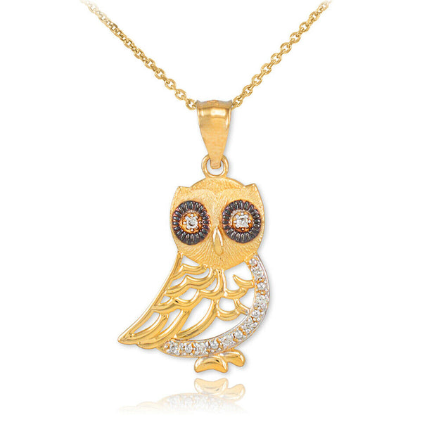 10K Solid Gold Bohemian Owl Diamond Pendant Necklace - Yellow, Rose, or White