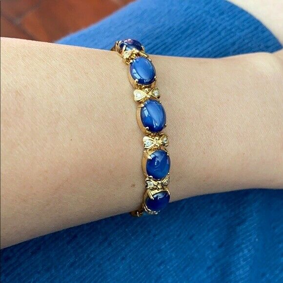 14K Solid Real Yellow Gold Oval Blue Star Bracelet 6.5 inches