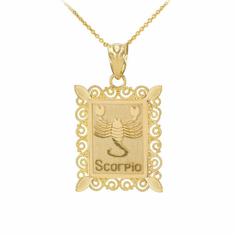 10k Solid Gold Scorpio Zodiac Sign Filigree Rectangular Pendant Necklace