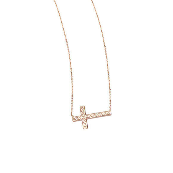 14K Solid Gold Sideways Cross Reversible Adjust Necklace - Yellow, White, Rose