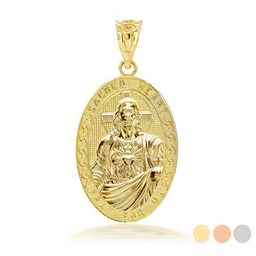 10k Solid Gold 3D Jesus Christ Sacred Heart Narrow Oval Pendant Necklace