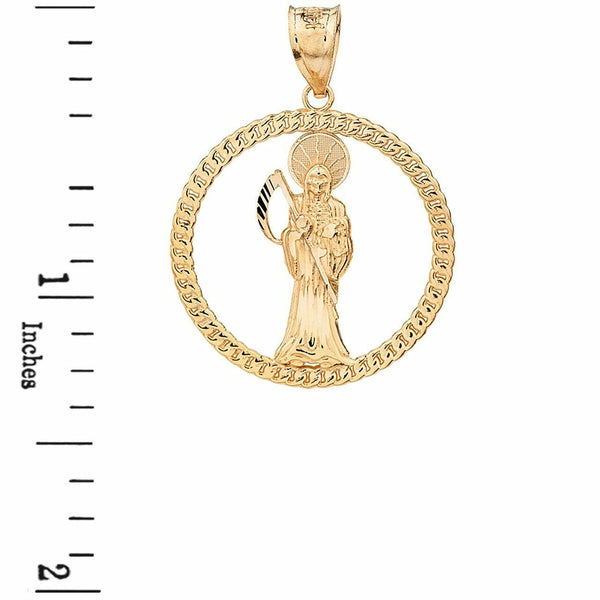 10k Yellow Gold Rope Frame Diamond Cut Santa Muerte Circle Pendant Necklace