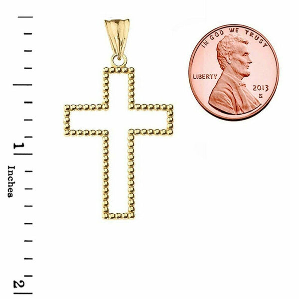 10k or 14k Solid Gold Two Sided Beaded Open Cross 1.5" Pendant Necklace