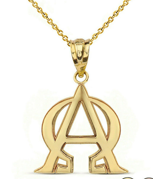 14k Yellow Gold Christian Alpha and Omega Jesus Christ Symbol Pendant Necklace