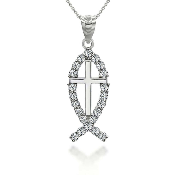 10K Solid Gold Christian Cross Jesus Christ Ichthus Fish Pendant Necklace