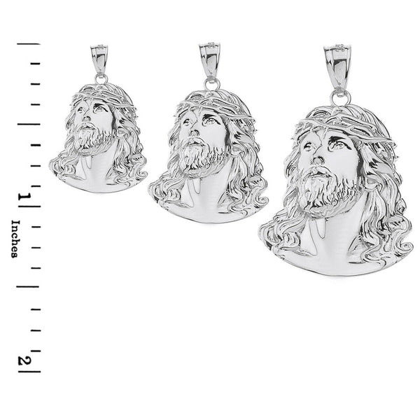 10k White Gold Jesus Christ Face Head Crown Of Thorns Pendant Necklace (S, M, L)