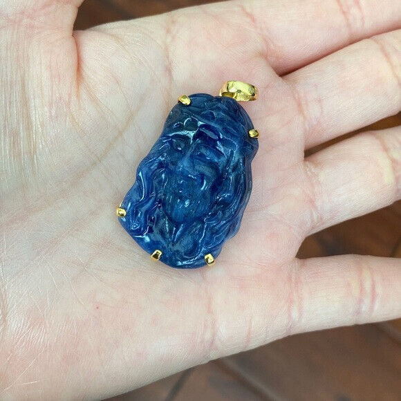 14K Real Solid Gold Carving Jesus Sodalite Christ Head Pendant Charm