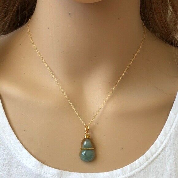 14K Solid Gold Natural Real Jade Gourd Bottle Pendant Necklace -Minimalist