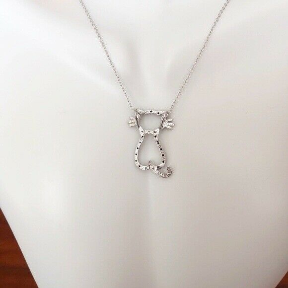 925 Sterling Silver Rhodium Plated Open Cat Black & Clear CZ Necklace 16"-18"