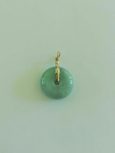 18K Solid Yellow Gold Round Donut Natural Jade Pendant Charm Light Green