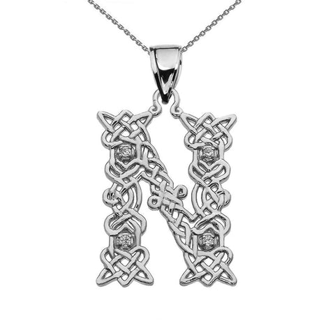 Sterling Silver CZ Celtic Knot Pattern Initial Letter N Pendant Charm Necklace