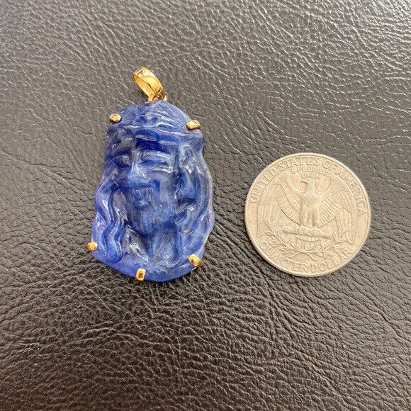 14K Real Solid Gold Carving Jesus Sodalite Christ Head Pendant Charm
