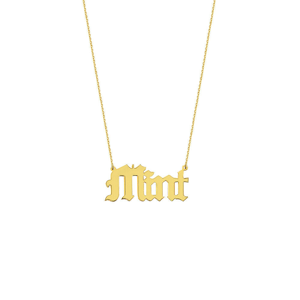 Personalized 14K Solid Gold Gothic Font Name Plate Necklace -Yellow, Rose,White