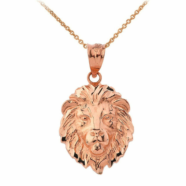14k Rose Gold Lion's Face Head Animal Textured Detailed Small Pendant Necklace