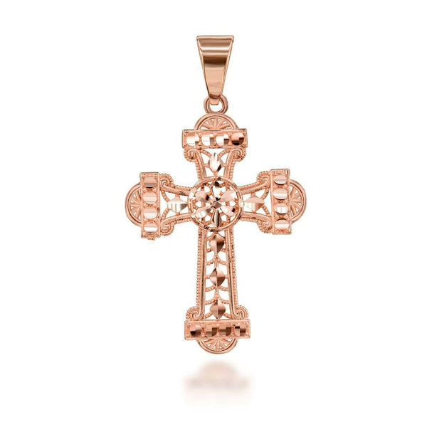 10K Solid Gold Sparkle Cut Filigree Ornate Cross Pendant Necklace